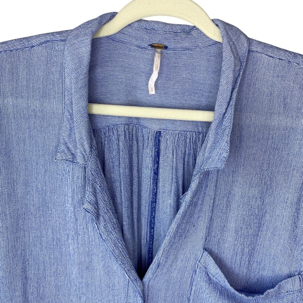 Free People Blue Pinstripe Textured Button Down Shirt Oversized M - Picture 3 of 10